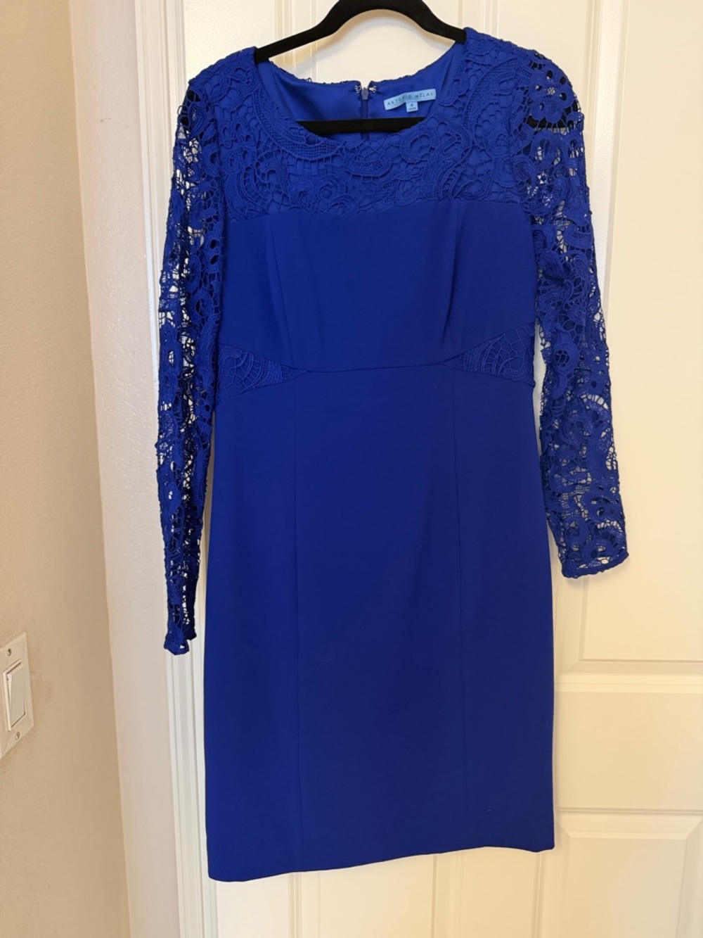 Antonio Melani Royal Blue Lace Sleeve Sheath Dress Size 8.